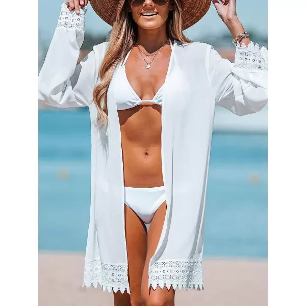 imageCUPSHE Womens Floral Lace Open Front Cover Up Dress Long Sleeve Kimono Mini DressWhite