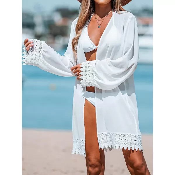 imageCUPSHE Womens Floral Lace Open Front Cover Up Dress Long Sleeve Kimono Mini DressWhite