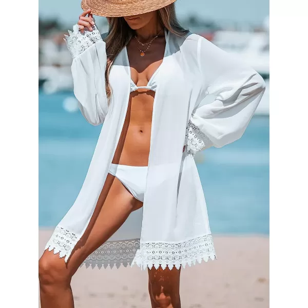 imageCUPSHE Womens Floral Lace Open Front Cover Up Dress Long Sleeve Kimono Mini DressWhite