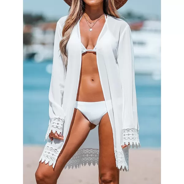 imageCUPSHE Womens Floral Lace Open Front Cover Up Dress Long Sleeve Kimono Mini DressWhite