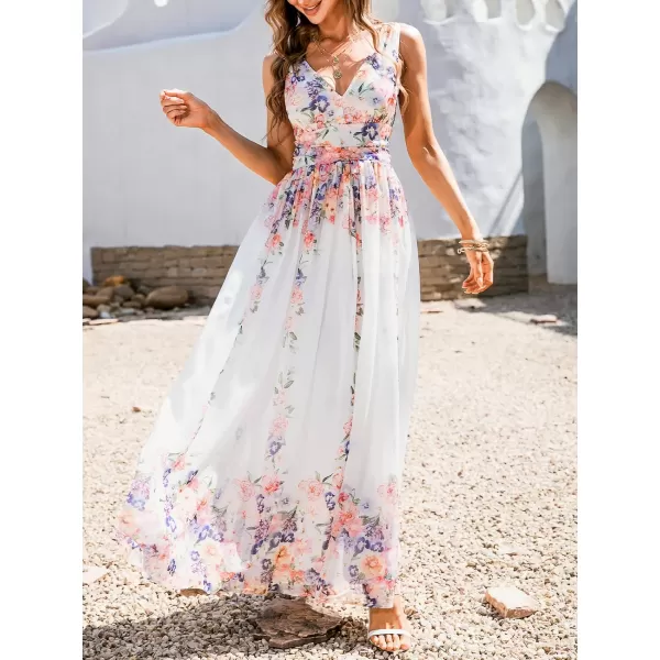 imageCUPSHE Womens Floral Maxi Dress V Neck Summer Dress Banded Waist Flowy Swing Dress for Party CocktailWhite