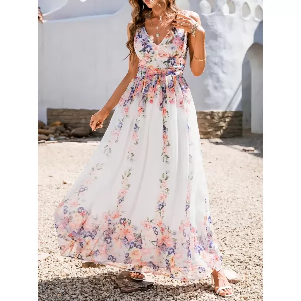 imageCUPSHE Womens Floral Maxi Dress V Neck Summer Dress Banded Waist Flowy Swing Dress for Party CocktailWhite