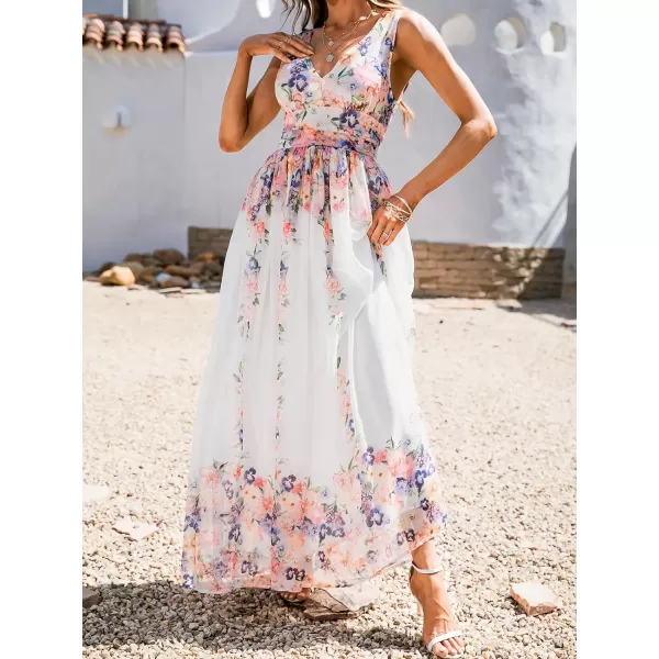 imageCUPSHE Womens Floral Maxi Dress V Neck Summer Dress Banded Waist Flowy Swing Dress for Party CocktailWhite