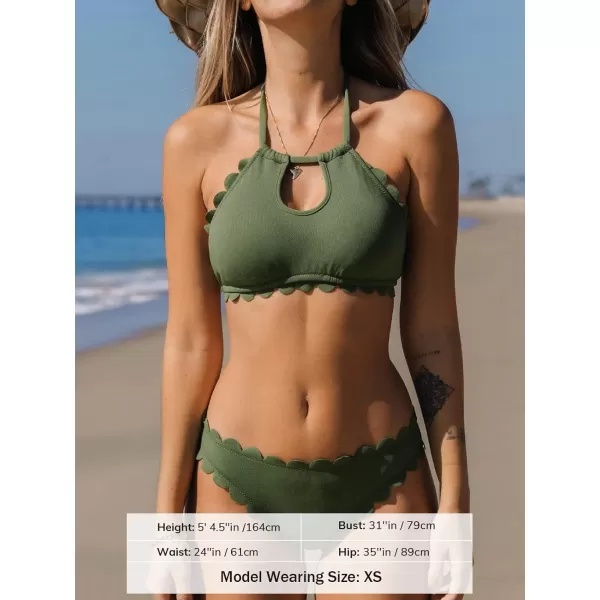 imageCUPSHE Womens Floral Mid Rise Halter Cutout Bikini Swimsuit SetsArmy Green