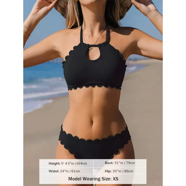 imageCUPSHE Womens Floral Mid Rise Halter Cutout Bikini Swimsuit SetsBlack