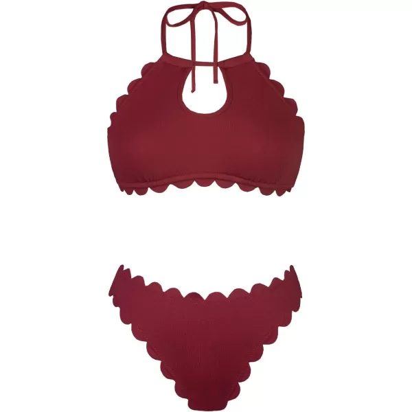 imageCUPSHE Womens Floral Mid Rise Halter Cutout Bikini Swimsuit SetsBurgundy