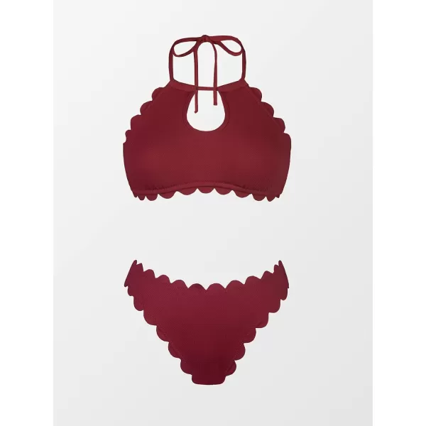 imageCUPSHE Womens Floral Mid Rise Halter Cutout Bikini Swimsuit SetsBurgundy