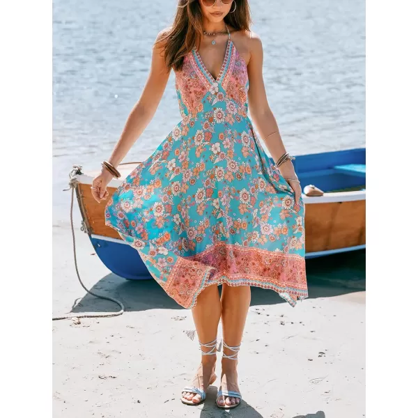 imageCUPSHE Womens Floral Midi Dress Plunging V Neck Asymmetrical Hem Smocked A Line Long Casual Summer DressMint Floral