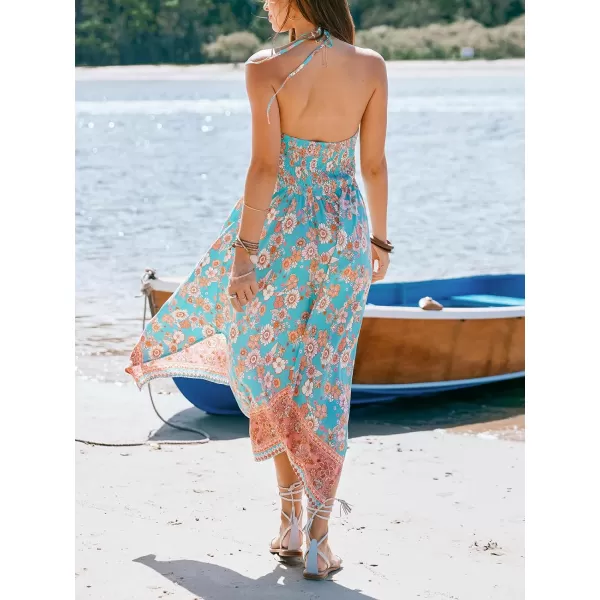 imageCUPSHE Womens Floral Midi Dress Plunging V Neck Asymmetrical Hem Smocked A Line Long Casual Summer DressMint Floral