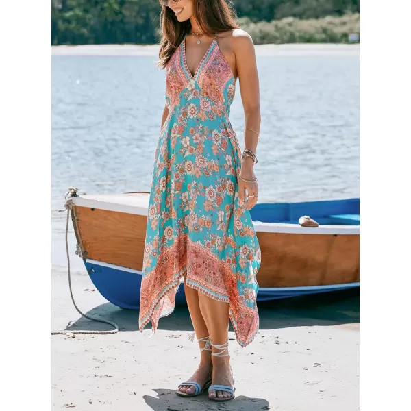 imageCUPSHE Womens Floral Midi Dress Plunging V Neck Asymmetrical Hem Smocked A Line Long Casual Summer DressMint Floral