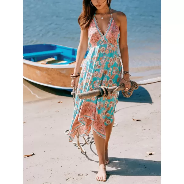 imageCUPSHE Womens Floral Midi Dress Plunging V Neck Asymmetrical Hem Smocked A Line Long Casual Summer DressMint Floral