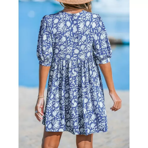 imageCUPSHE Womens Floral Mini Beach Dress V Neck Puff Half Sleeve A Line Casual Summer DressesBlue