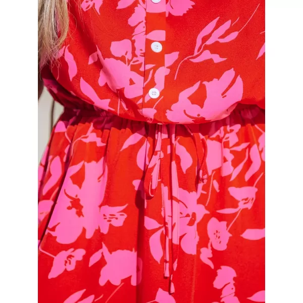 imageCUPSHE Womens Floral Mini Dress Ruffle Tube Front Button Elastic Tie Waist Flounce Hem Summer DressesFuchsia
