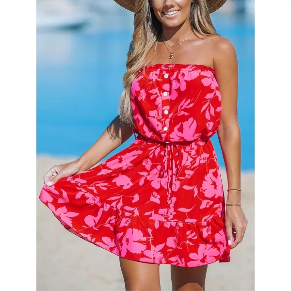 imageCUPSHE Womens Floral Mini Dress Ruffle Tube Front Button Elastic Tie Waist Flounce Hem Summer DressesFuchsia