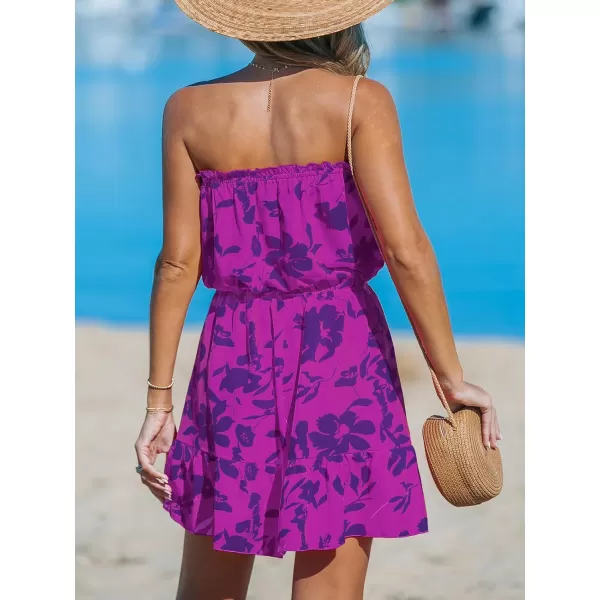 imageCUPSHE Womens Floral Mini Dress Ruffle Tube Front Button Elastic Tie Waist Flounce Hem Summer DressesMaroon