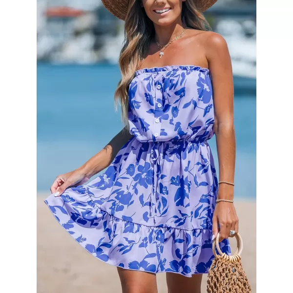 imageCUPSHE Womens Floral Mini Dress Ruffle Tube Front Button Elastic Tie Waist Flounce Hem Summer DressesPurple