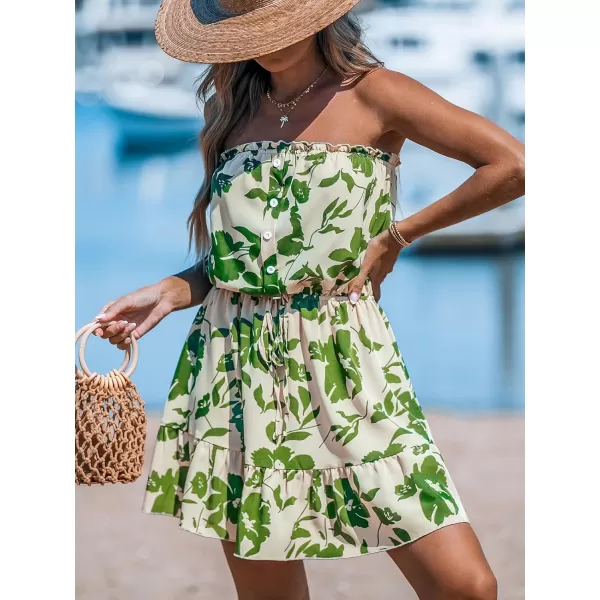 imageCUPSHE Womens Floral Mini Dress Ruffle Tube Front Button Elastic Tie Waist Flounce Hem Summer DressesSage Floral