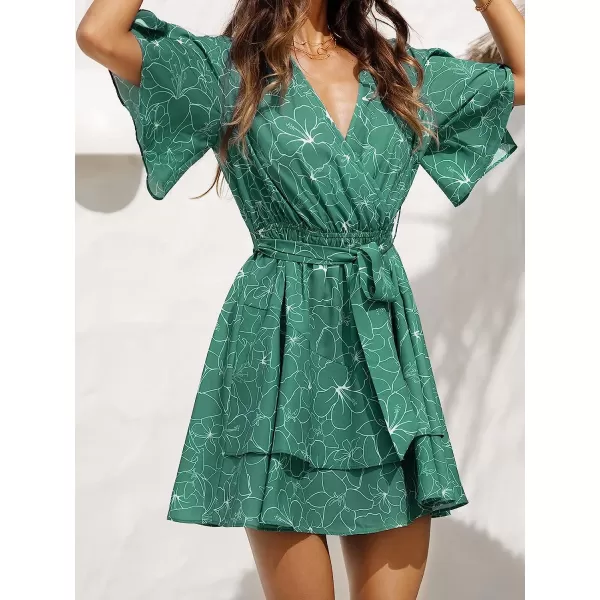 imageCUPSHE Womens Floral Mini Dress Ruffled Straight Neck Spaghetti Straps Slip A Line DressGreen