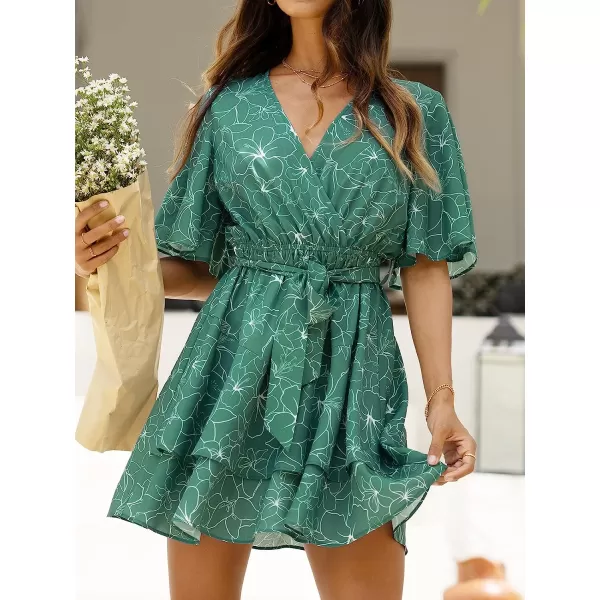 imageCUPSHE Womens Floral Mini Dress Ruffled Straight Neck Spaghetti Straps Slip A Line DressGreen