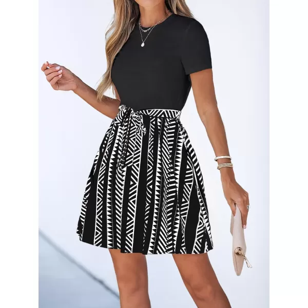 imageCUPSHE Womens Floral Paisley Mini Dress Crew Neck Short Sleeve Belted Tie A Line Stripe Midi Summer DressesBlack