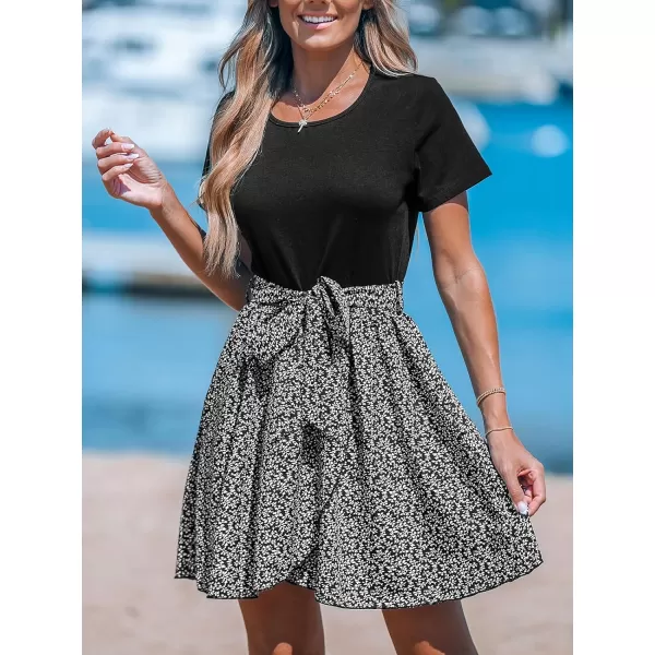 imageCUPSHE Womens Floral Paisley Mini Dress Crew Neck Short Sleeve Belted Tie A Line Stripe Midi Summer DressesBlack Floral