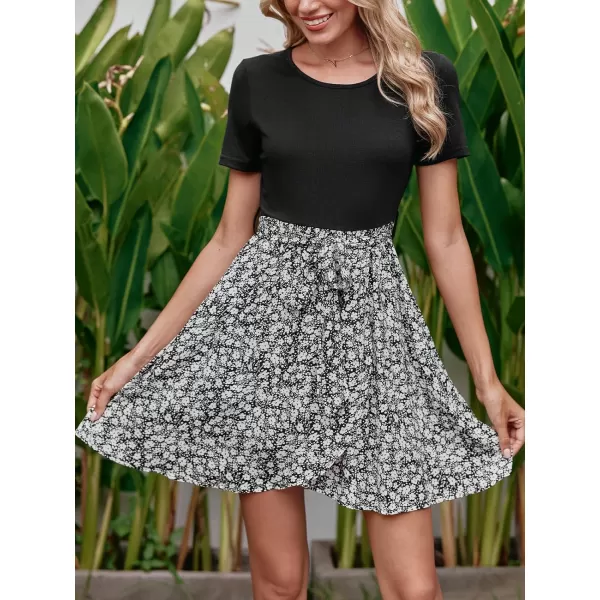imageCUPSHE Womens Floral Paisley Mini Dress Crew Neck Short Sleeve Belted Tie A Line Stripe Midi Summer DressesBlack Floral 2