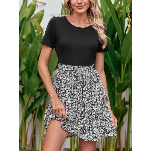 imageCUPSHE Womens Floral Paisley Mini Dress Crew Neck Short Sleeve Belted Tie A Line Stripe Midi Summer DressesBlack Floral 2