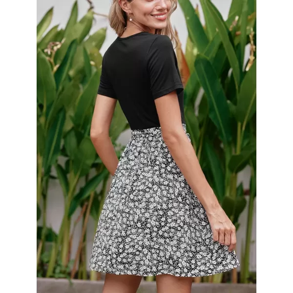 imageCUPSHE Womens Floral Paisley Mini Dress Crew Neck Short Sleeve Belted Tie A Line Stripe Midi Summer DressesBlack Floral 2