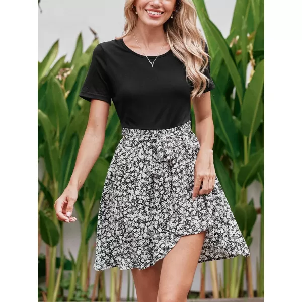 imageCUPSHE Womens Floral Paisley Mini Dress Crew Neck Short Sleeve Belted Tie A Line Stripe Midi Summer DressesBlack Floral 2