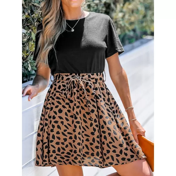 imageCUPSHE Womens Floral Paisley Mini Dress Crew Neck Short Sleeve Belted Tie A Line Stripe Midi Summer DressesBlack Speckled