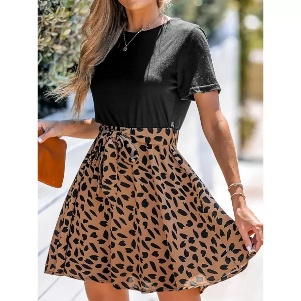 imageCUPSHE Womens Floral Paisley Mini Dress Crew Neck Short Sleeve Belted Tie A Line Stripe Midi Summer DressesBlack Speckled