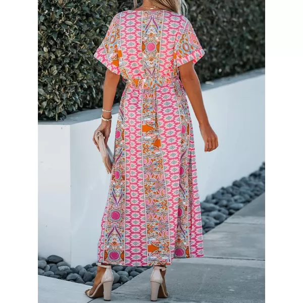 imageCUPSHE Womens Floral Paisley Print Belted Maxi Dress Short Sleeves Scoop VNeckline Long Lenght Dresses Casual SummerRed