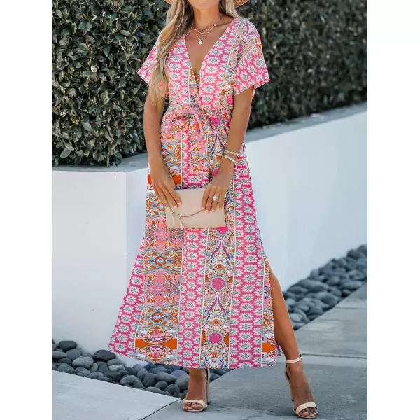 imageCUPSHE Womens Floral Paisley Print Belted Maxi Dress Short Sleeves Scoop VNeckline Long Lenght Dresses Casual SummerRed