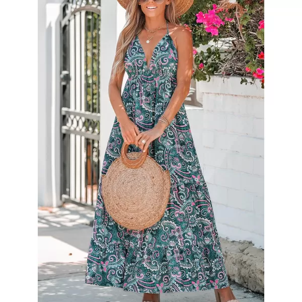 imageCUPSHE Womens Floral Paisley Print Halter Dress Mixi Dress Sleeveless Summer DressGreen Floral