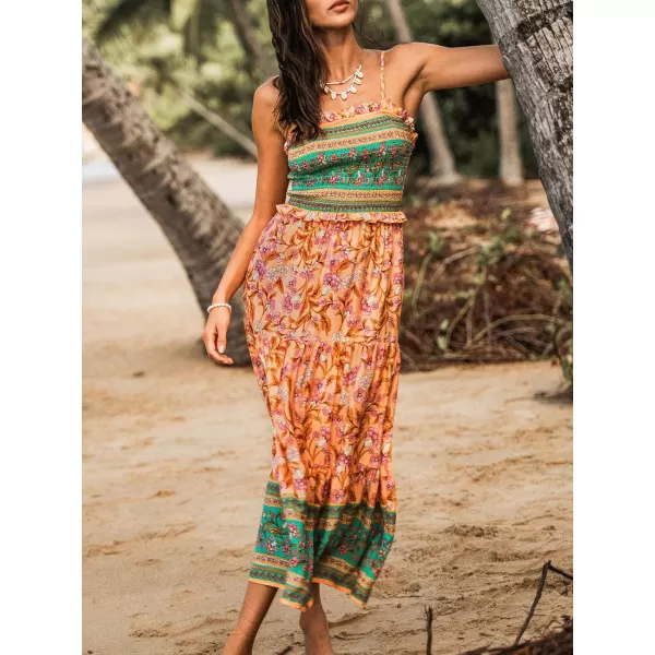 imageCUPSHE Womens Floral Paisley Smocked Maxi Dress Sleeveless Summer Dress with Adjustable cami StrapsOrange Floral
