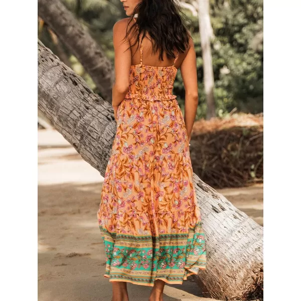 imageCUPSHE Womens Floral Paisley Smocked Maxi Dress Sleeveless Summer Dress with Adjustable cami StrapsOrange Floral