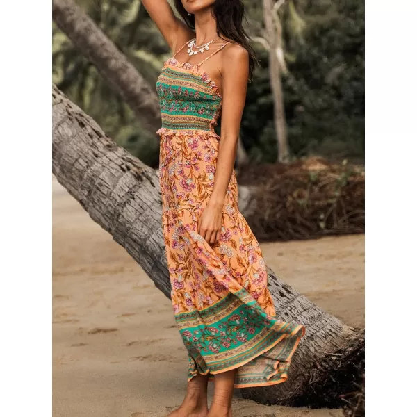 imageCUPSHE Womens Floral Paisley Smocked Maxi Dress Sleeveless Summer Dress with Adjustable cami StrapsOrange Floral