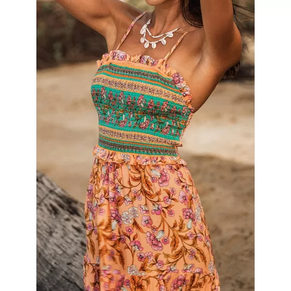 imageCUPSHE Womens Floral Paisley Smocked Maxi Dress Sleeveless Summer Dress with Adjustable cami StrapsOrange Floral