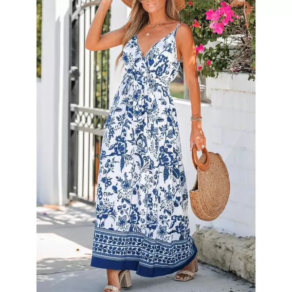 imageCUPSHE Womens Floral Print Belted AShape Dress Sleeveless Deep V Neck Dresses Casual SummerBlue