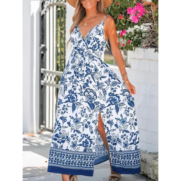 imageCUPSHE Womens Floral Print Belted AShape Dress Sleeveless Deep V Neck Dresses Casual SummerBlue