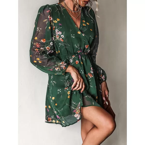 imageCUPSHE Womens Floral Print Chiffon ALine Mini Dress Long Peasant SleevesGreen
