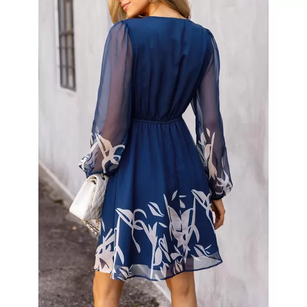 imageCUPSHE Womens Floral Print Chiffon ALine Mini Dress Long Peasant SleevesMidnight Blue Floral