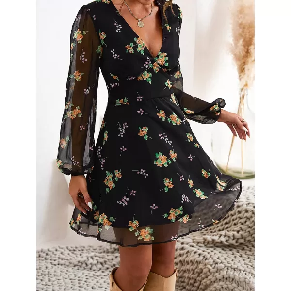 imageCUPSHE Womens Floral Print Chiffon ALine Mini Dress Long Peasant SleevesMulticoloured