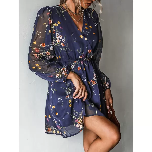 imageCUPSHE Womens Floral Print Chiffon ALine Mini Dress Long Peasant SleevesNavy