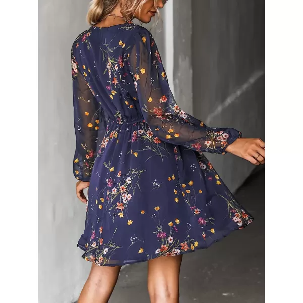 imageCUPSHE Womens Floral Print Chiffon ALine Mini Dress Long Peasant SleevesNavy