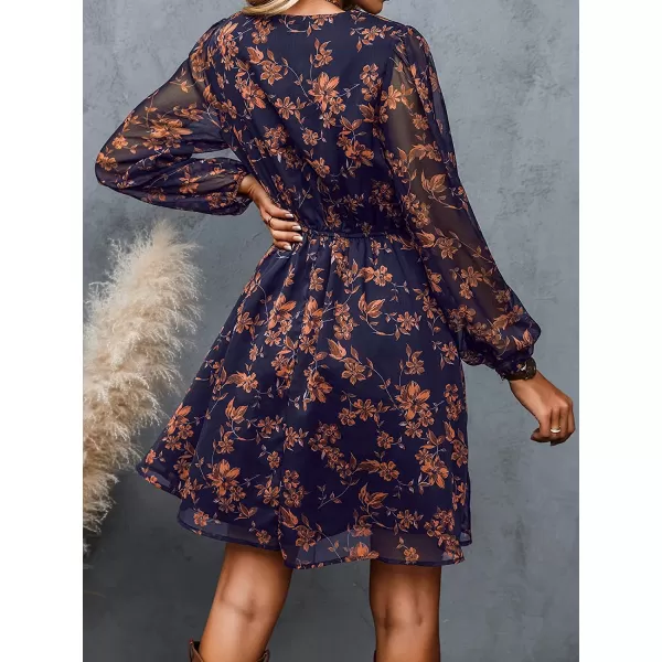 imageCUPSHE Womens Floral Print Chiffon ALine Mini Dress Long Peasant SleevesNavy2