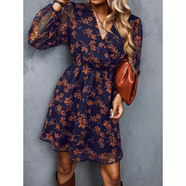 imageCUPSHE Womens Floral Print Chiffon ALine Mini Dress Long Peasant SleevesNavy2
