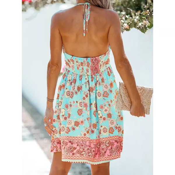 imageCUPSHE Womens Floral Print Halter Sleeveless Mini Dress Back Tie Sleeveless Mini DressGreen Floral