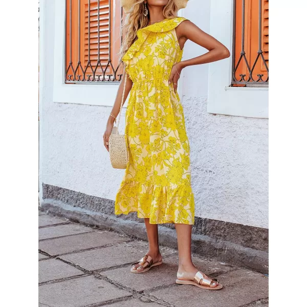 imageCUPSHE Womens Floral Print One Shoulder Ruffle Ankle Length DressYellow