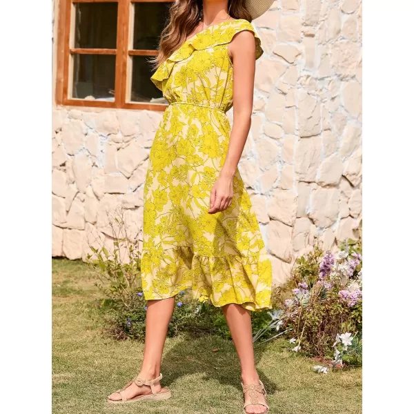 imageCUPSHE Womens Floral Print One Shoulder Ruffle Ankle Length DressYellow